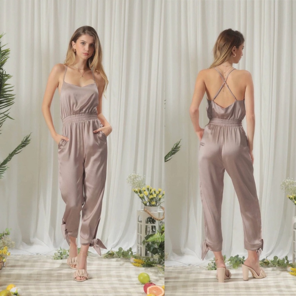Endless Blu Satin DUSTY ROSE Jumpsuit with Pockets NWT